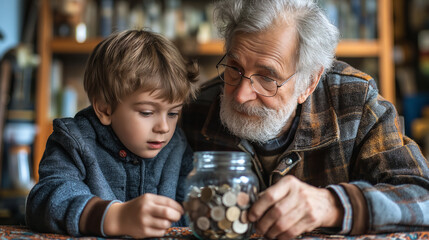 Grandfather and grandson counting money in a jar
