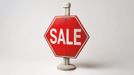 Red stop sign shaped sale sign standing on a white background