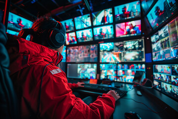 Fototapeta premium A young adult in a red jacket is seated in a dark control room, surrounded by an array of vibrant monitors displaying various colorful media, meticulously controlling