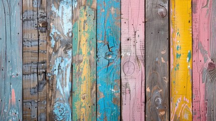 Vintage wooden boards with colorful cracked paint Retro vertical background with varied old planks Mockup template for text placement