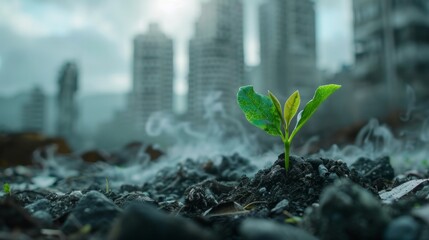 Young plant growing in polluted city, Environmental concept. World environment day 