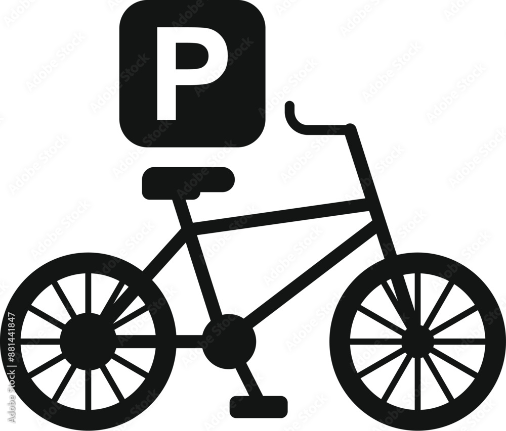 Poster Simple black and white icon depicting a bicycle with a parking sign, indicating a designated parking zone for bikes