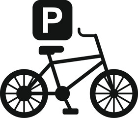 Simple black and white icon depicting a bicycle with a parking sign, indicating a designated parking zone for bikes