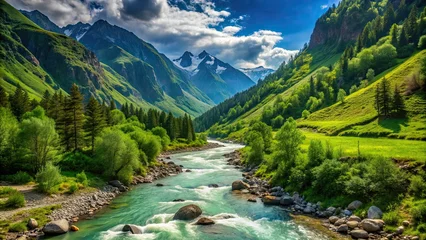 Fotobehang Mountain river flowing through lush green mountainside, mountain, river, nature, water, flow, stream, landscape, scenic © Sujid