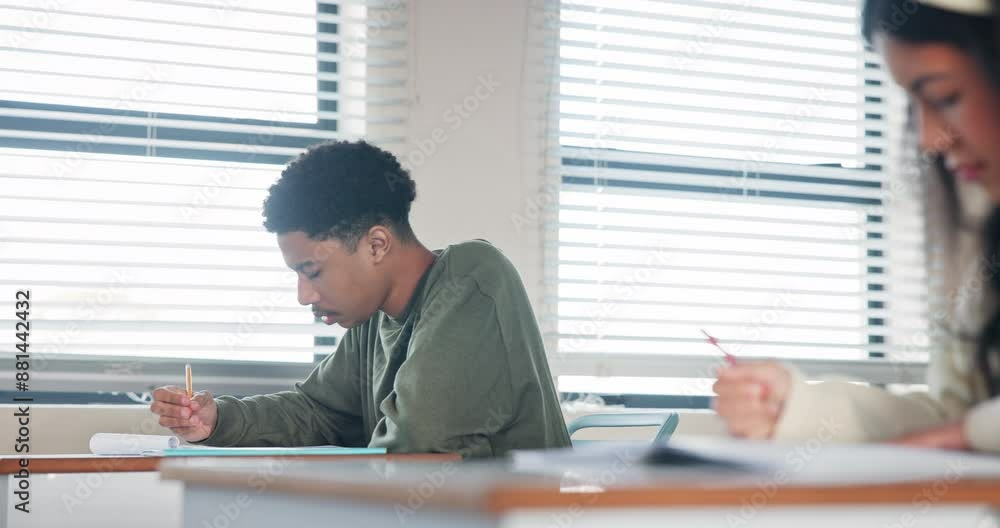 Poster Answer, exam and thinking with student in classroom of school for assessment, problem solving or university test. Education, solution and question with teen boy in class for development or growth