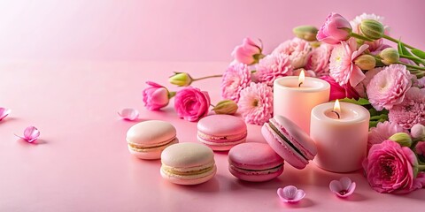 Pink flowers, candles, and a macaron on a pink background , pink, flowers, candles, macaron, background, feminine, elegant