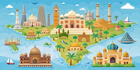 Naklejka premium Illustrated map showcasing iconic landmarks of India , India, map,famous, landmarks, travel, tourism