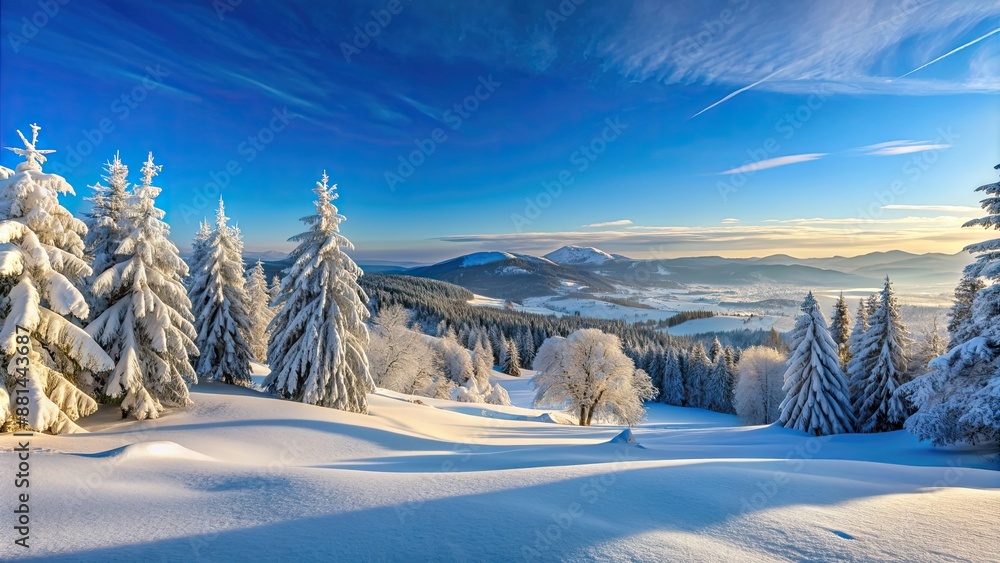 Poster Snowy winter landscape panorama with snow-covered trees, hills, and a clear blue sky , winter, snowy, landscape, panorama, snow-covered