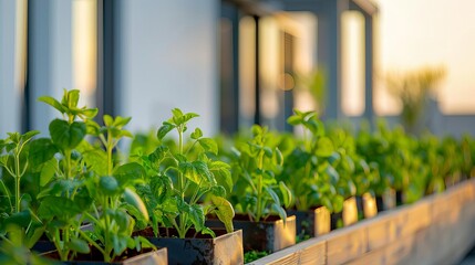 Urban area with green rooftops and smart irrigation systems, sustainable infrastructure, tech-driven urban planning