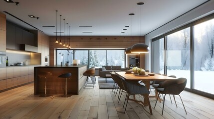 Modern kitchen and dining room interior at home