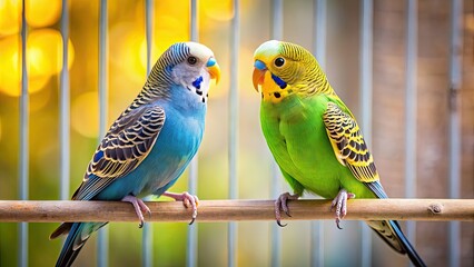 Obraz premium Two differently coloured budgies sitting on a perch in a cage, looking at each other, budgie, bird, colorful, feathered, parakeet, pet