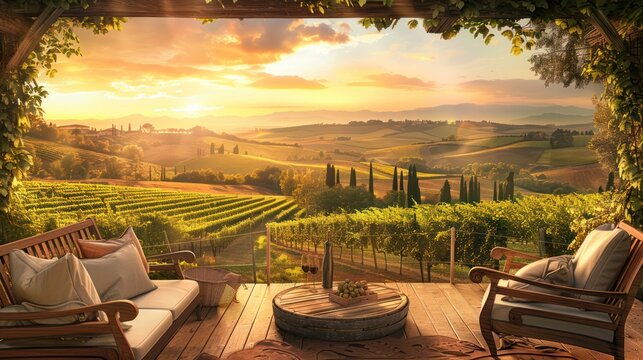 Vineyard paintings, table sets, wine glasses, landscapes
