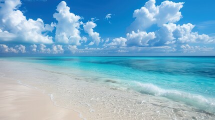 Obraz premium White sand beach, turquoise water, clear sky.