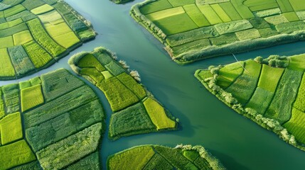Obraz premium The top-down view captures the geometric patterns of green agricultural fields intersected by waterway