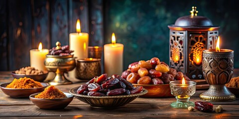 Fototapeta premium Spiritual Ramadan table filled with dates, fruits, and candles symbolizing sharing and love , Ramadan, spiritual, table, dates