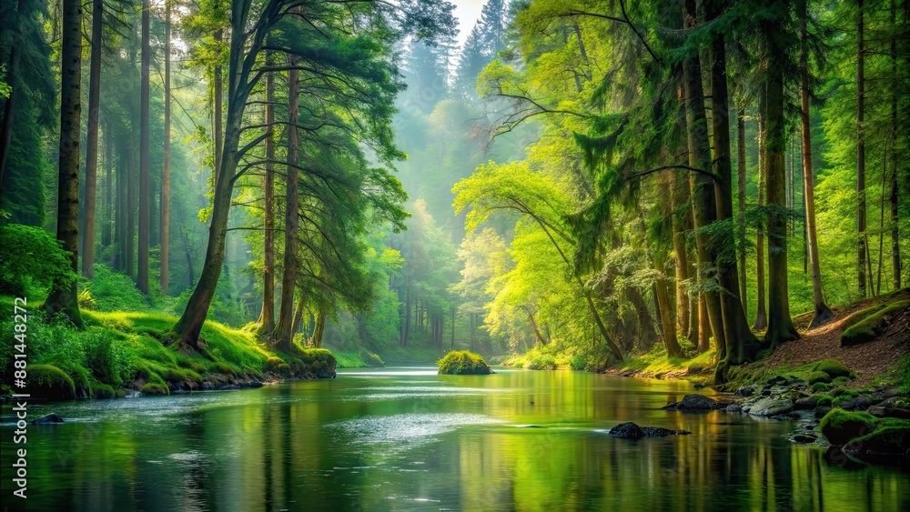 Canvas Prints Lush forest landscape with river and tall trees, nature, green, foliage, tranquil, scenic, woodland, flowing water