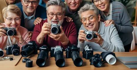 Diverse group of middle-aged friends learning photography together