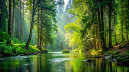Obraz premium Lush forest landscape with river and tall trees, nature, green, foliage, tranquil, scenic, woodland, flowing water