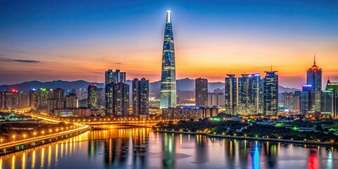 Obraz premium Seoul skyline at night with view of Lotte World Tower , Seoul, South Korea, cityscape, nighttime, skyscrapers