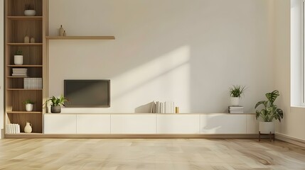 Modern TV white wood cabinet shelf in empty room interior