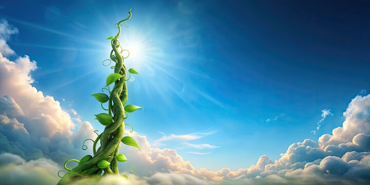 Story book of a magical beanstalk reaching towards the sky, fairytale, fantasy, beanstalk, magic, whimsical, folklore, enchanted
