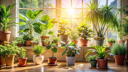Fototapeta premium Plants arranged indoors with spring sunlight filtering through, creating a cozy and vibrant atmosphere, spring, sunlight