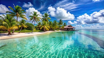 Obraz premium Luxurious tropical resort surrounded by palm trees and crystal clear ocean waters, luxury, vacation, paradise, relaxation