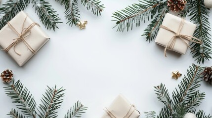 Christmas arrangement of white decorations and fir tree branches with gift boxes on a white backdrop Top down view with space for text suitable for a greeting card