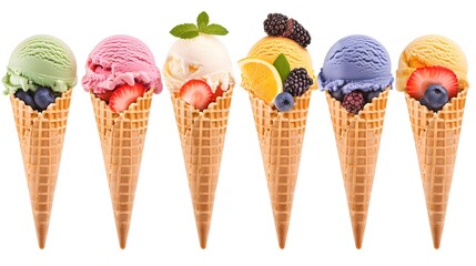 Assorted Ice Cream Cones with Fresh Fruits on White Background