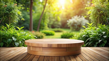 Fototapeta premium Round wooden podium in garden setting, podium, round, wooden, garden, nature, outdoor, rustic, tranquil, peaceful, greenery