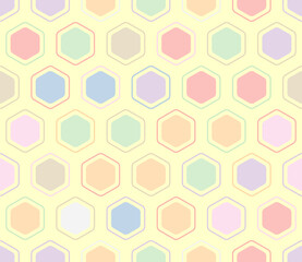 Vector science background. Rounded hexagons mosaic cells with padding and inner solid cells. Large hexagon shapes. Multiple tones color palette. Seamless pattern. Tileable vector illustration.