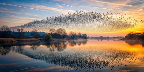 Obraz premium Murmuration of starlings creating a mesmerizing scene over a misty lake at sunset, murmuration, starlings, birds