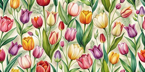 Obraz premium Seamless pattern of beautiful tulips and botanicals, florals, tulips, botanicals, seamless, pattern, vibrant, colorful, nature
