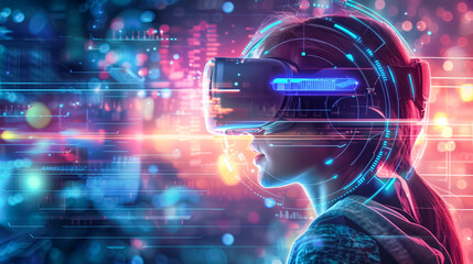 Woman reporter presenting world market data with rotating graph analysis, VR future global innovation, business interface, digital infographic, network technology, and virtual hologram at server.