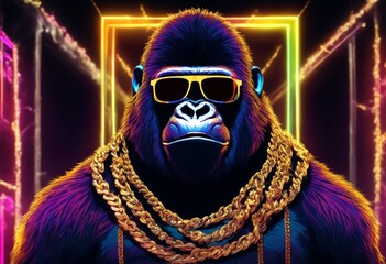 the colorful background shining drawing darkness gorilla standing neon vividly rapper upright sunglasses chain black aring position gold rap monkey music hip hop groove beat lyric strut