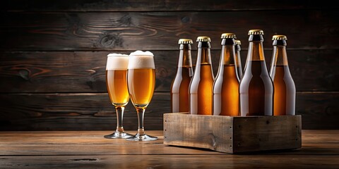 Pack of 4 Bottles and glass of authentic tripel Westmalle trappist beer, packaging, beverages, alcohol, Belgian, brewery