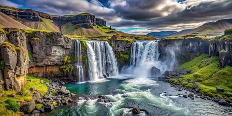 Spectacular waterfall in Iceland with powerful cascading water surrounded by rocky cliffs , Gullfoss, Iceland, Golden Falls