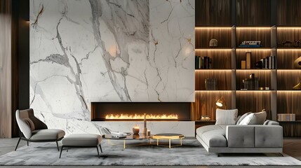 Modern living room with marble wall fireplace and stylish bookcase