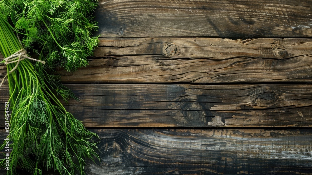 Poster fresh dill on wooden table with roots rustic top view with space