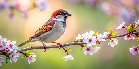 Sparrow perched delicately on a blooming branch in spring , sparrow, perched, bird, blossoming, branch, spring, nature, wildlife