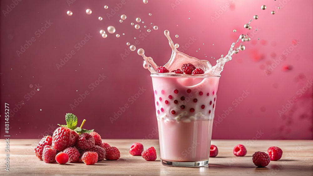 Poster Refreshing pink beverage with raspberries and boba pearls splashing in a glass , summer, drink, fruit, refreshment