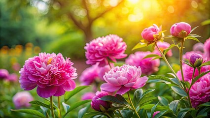 Fototapeta premium Peony flowers blooming in a vibrant garden setting, peony, flowers, blooming, pink, petals, garden, spring, nature, beauty
