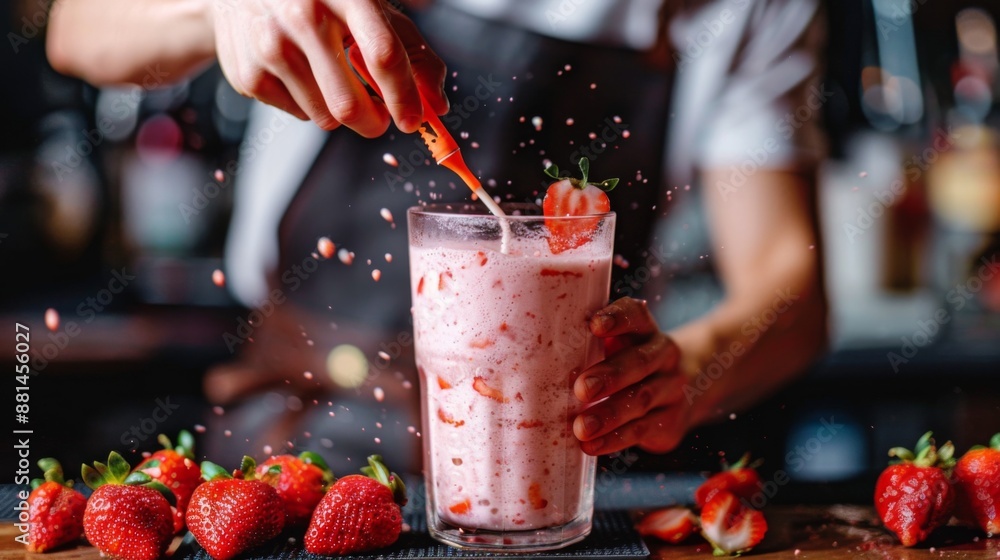 Aufkleber A bartender blending strawberries with ice and yogurt to prepare a creamy strawberry smoothie.