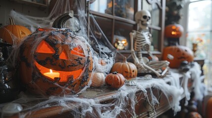 A room decorated with eerie Halloween decorations, showcasing cobwebs, skeletons, and jack-o'-lanterns.