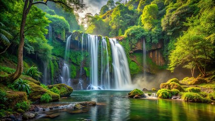 Majestic waterfall flowing through lush forest scenery, waterfall, forest, nature, serene, tranquil, beautiful, landscape
