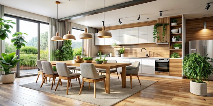 Modern open kitchen and bright dining room with natural wood elements, touches of greenery