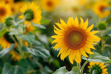 Golden sunflower field at sunrise with vast landscape and serene atmosphere