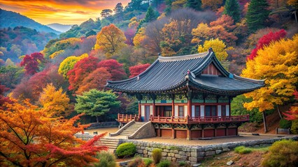 Korean temple surrounded by colorful autumn foliage, Korea, temple, autumn, fall, season, nature, beautiful