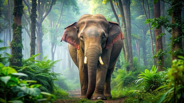 Fototapeta Majestic Indian elephant standing in a lush green forest , Elephant, India, Wildlife, Majestic, Forest, Trunk, Tusks, Mammal