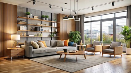 Modern living room with a variety of furniture and decor items, interiors, furniture, products, home, design